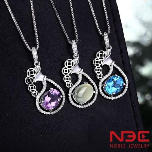 NBE sterling silver natural Amethyst blue topaz Prehnite crystal stone pendant for women February birthstone money bag necklace