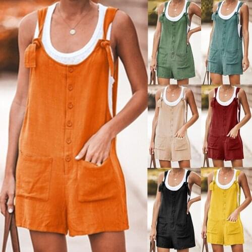 Women Summer Jumpsuit Casual Loose Sleeveless Playsuit Solid Button Pocket Suspenders Short Pants Female Romper Overalls