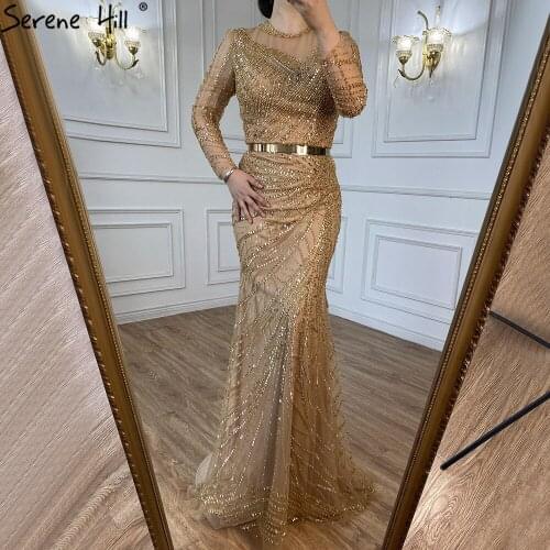Prom Dress Muslim Gold Mermaid Evening Dresses Gowns 2021 Luxury Elegant Beading Sashes For Women Party DLA71140 Serene Hill