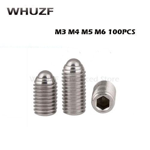 100pcs 304 Stainless Steel Spring Ball Plunger Screw Hex Socket Set Screws M3 M4 M5 M6 Ball Spring Plunger Positioning Bead