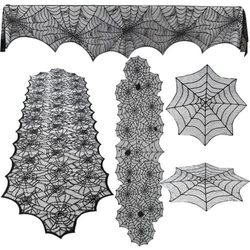 1P Halloween Lace Spider Web Tablecloth Rectangle Fireplace Scarf Cover Furniture Decoration Lampshade Halloween Party Supplies