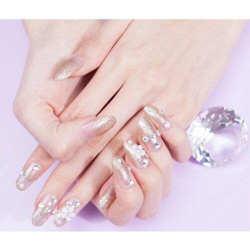 24 Pcs/set False Finger Nails Tips 3D Flower Champagne Acrylic Wedding Banquet Fake Reusable Nail Sticker Bride Stick on Nail