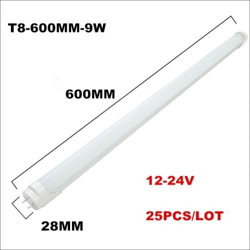 25pcs/lot 24V LED Tube Light T8 Fluorescent LED Lamp 600MM 9W LED Solar Tube CE&ROHS 2FT 0.6M 12V 24V LED Bulb Indoor Lights