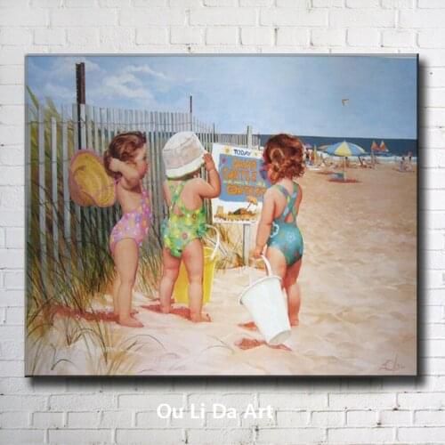 Free shipping beautiful gril canvas prints oil painting beach child painting on canvas decoration picture