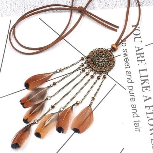 Bohemia Ethnic Handmade Beads Feather Long Necklaces for Women Vintage Gypsy Pendants Necklaces Sweater Chain Choker