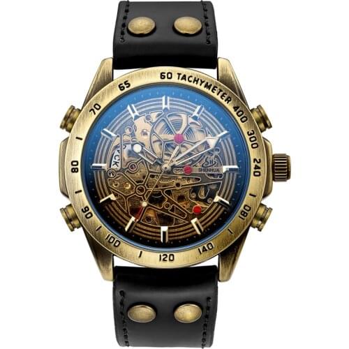 Classic Vintage Men Automatic Mechanical Watch Skeleton Bronze Steampunk Transparent Self Winding Mens Watches Leather Man Clock