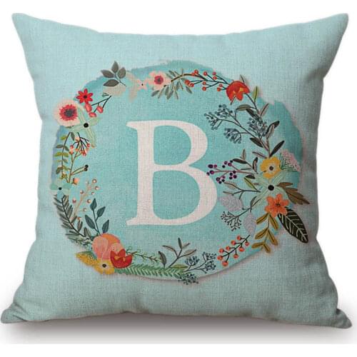Aqua Blue Flower Wreath Letter Monogram Decorative Sofa Throw Pillow Cases 26 Alphabet Sign Cotton Linen Car Cushion Covers