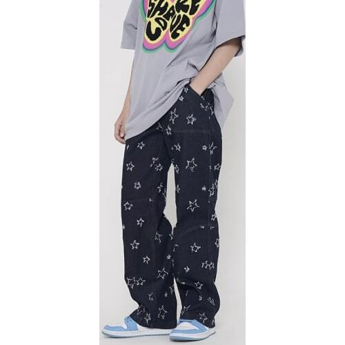 High Street Stars Embroidery Retro Straight Casual Jeans for Men Harajuku Retro Loose Oversize Denim Trousers