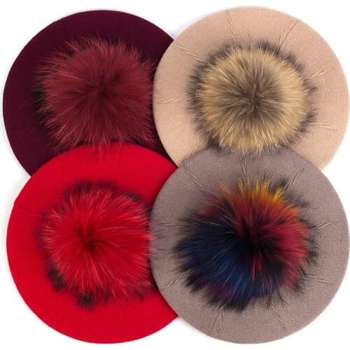 Charm Wood New Style Elegant Women Girls Beret Warm Soft Elastic Winter Female Hat Ladies Solid Color Cap with Real Fur Pompom