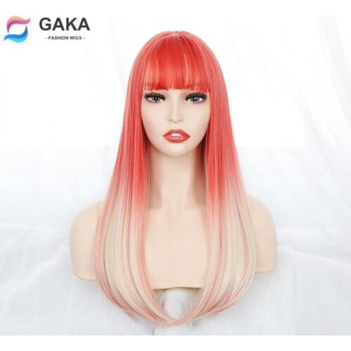 GAKA Peach Pink Beige Ombre Synthetic Long Straight Wigs for White Women Natural Cute Cosplay Party Hair Lisa Wig with Bangs
