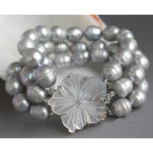 Perfect Women Birthday,Chirstmas Gift Pearl Bracelet,3Rows 8inches 8-13mm Gray Rice Freshwater Cultured Pearl Bracelet