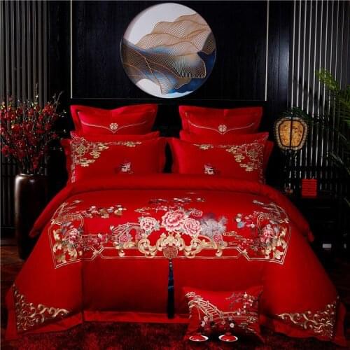 Chinese Wedding Luxury Chic Flower Embroidery Princess Red 100%Cotton Bedding Set Duvet Cover Bed Sheet Pillowcase Home Textile