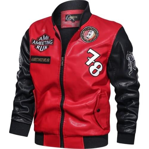 Autumn Mens Leather Flight Bomber Jackets Fleece Lined Faux Fur Biker Jackets Embroidered PU Motorcycle Coats Outerwear Clothing