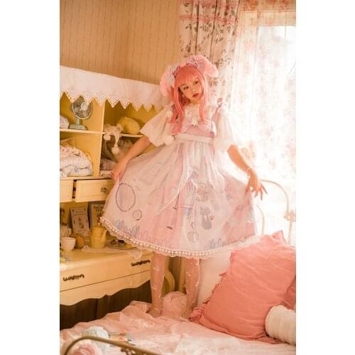 Sweet princess lolita dress palace lace bowknot cute printing mesh high waist kawaii dress girl loli cosplay gothic lolita jsk