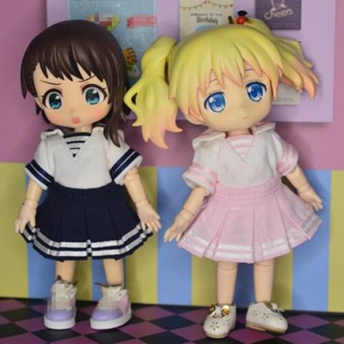 OB11 doll dress size Fashion trend cheerleader uniform white shirt + pleated skirt suit couple style dress light blue black
