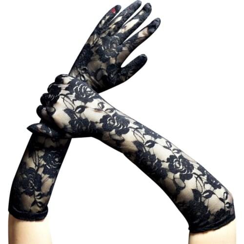 Women Summer Sexy Black Flower Sunscreen Long Milk Silk High Elasticity Breathable Female Solid Outdoor Drive Anti-UV Gloves