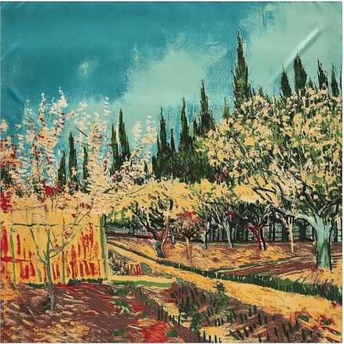 POBING 100% Twill Silk Scarf Women Van Gogh Forest Oil Painting Square Scarves Large Bandana Hijab Female Head Scarf FoulardS