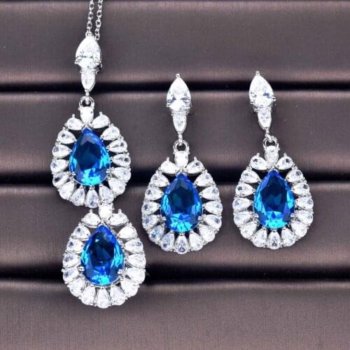 Europe America Luxury Silver Jewelry AAA Cubic Zircon Water Drop Pendant Necklace Vintage Drop Earrings For Women Wedding Party