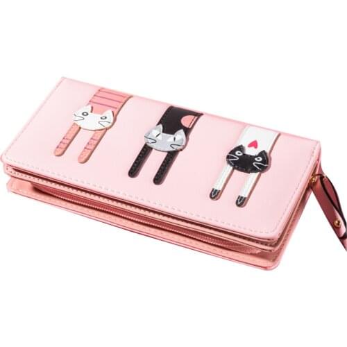 Cute Purse Leather Womens Cat Pattern Coin Purse Card Wallet Holders Handbag Purses Ladys Long Wallet Three Kittens