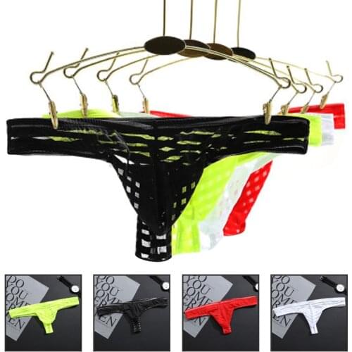 Mens Thongs And G String Sexy Transparent Stripe Underwear Men Thong Bodysuit Bikini Cueca Gay Underwear Ice Silk Panties Cheap