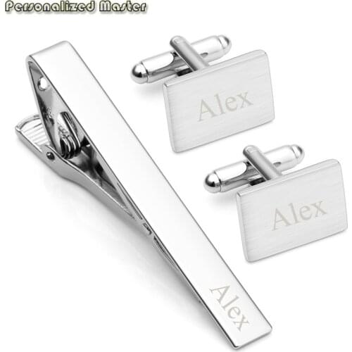 Personalized Master Customized Name Stainless Steel Cufflinks Tie Clip Bar Set Engrave Inital Name 3pcs for Men Fathers Day gift