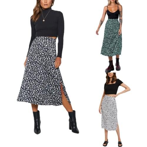 Women Casual Sexy Split Skirt High Waist Leopard Printed Pattern Long Dress Black/ White/ Green