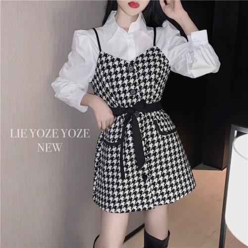 Autumn French Puff Sleeve Shirt Women White Lapel Blouse Top Slim Mini Single-breasted Bandage Plaid Dress Sling Fashion OL Sets
