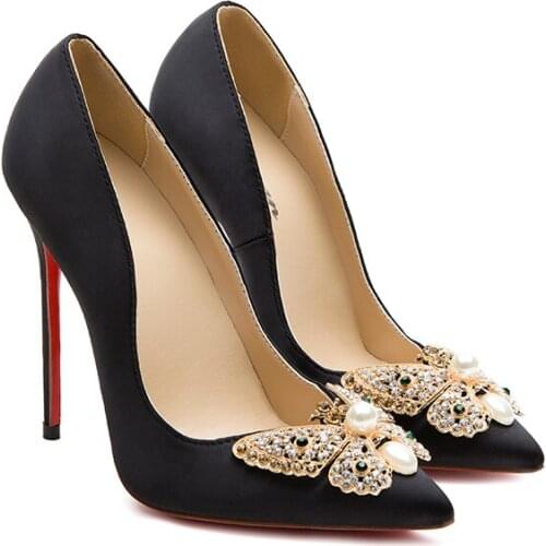 2021 spring new stiletto satin crystal banquet dress single shoes bowknot pointed shallow mouth wild large size womens shoes