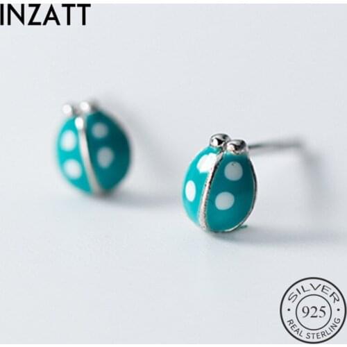 INZATT Real 925 Sterling Silver Green Enamel Ladybug Stud Earrings For Fashion Women Cute Fine Jewelry 2019 Accessories