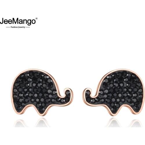 JeeMango Trendy Rose Gold Black Clay Shiny Crystal Elephant Stud Earrings For Women Anniversary Girls Earrings Jewelry JE19099