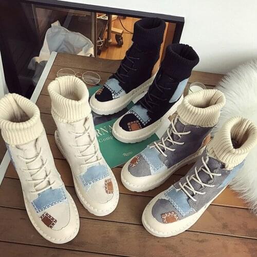 2019 New women shoes 3 color women boots explosions suede canvas color matching wild high-top Wool mouthboots O6-52