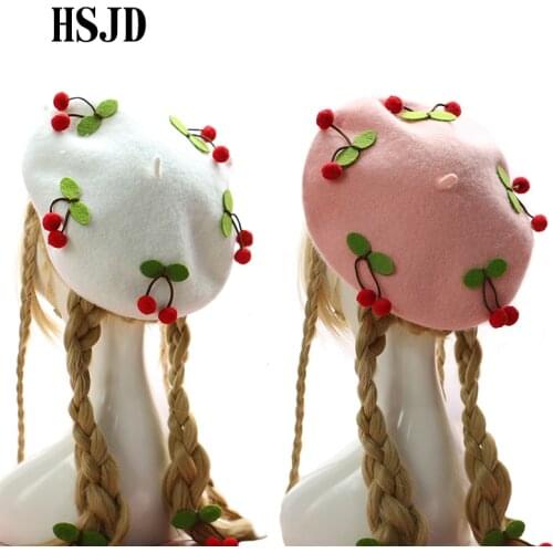 Ladys Fashion Cute Cherry Wool Berets 2018 New Women Pink Painter Cap Winter Warm Outdoor Autumn and Winter Lovely Girl Berets