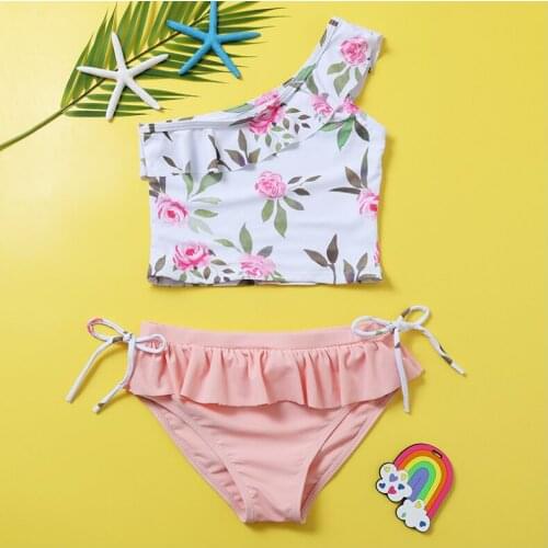 2021 New Swimsuit Two Piece Big Girl One-shoulder Ruffled Split Bikini Kids Swimsuit For7-14years Swimwear Small Floral TB021
