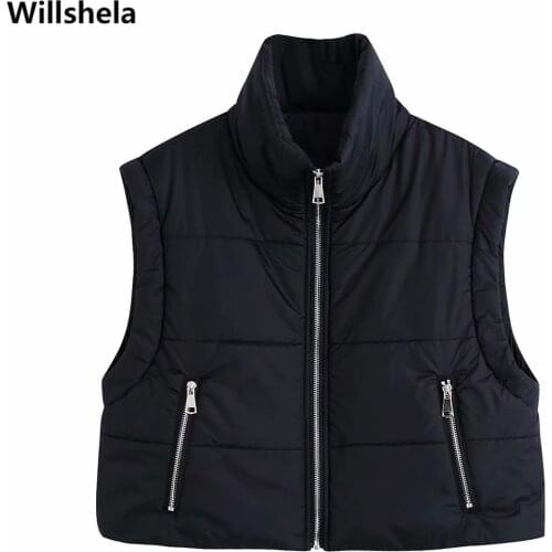 Willshela Women Fashion With Pockets Front Zipper Solid Vest Vintage High Neck Sleeveless Casual Female Jacket Chic Outfits