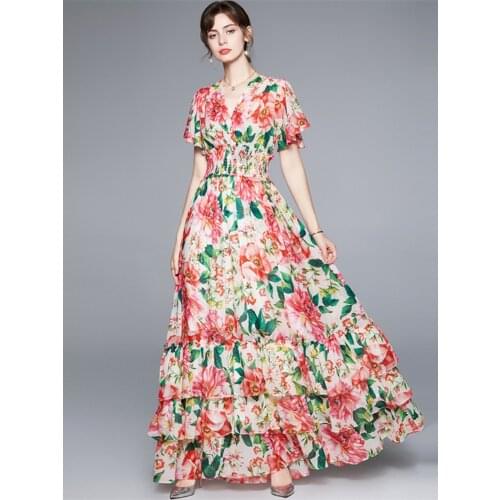 Summer Runway Floral Maxi Dress Women Bohemia Flower Print V-Neck Butterfly Sleeve Elastic Waist Cascading Ruffles Long Dress