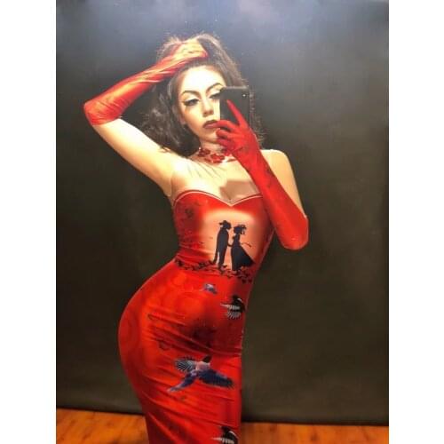 Women Sexy Nightclub Stage Red Long Dress Sleeveless 3D Printing Tanabata Story Party Celebrate Performance Singer Stage Wear