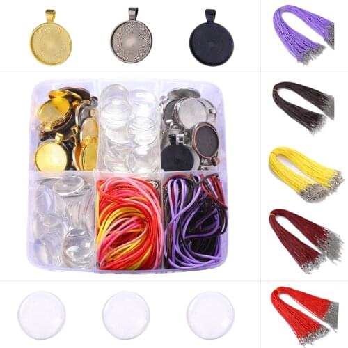 135pcs/set 7 colors 25mm Cabochon Base Setting 45mm Rope Genuine Leather Cord Pendant DIY Jewelry Handmade Making Accessories