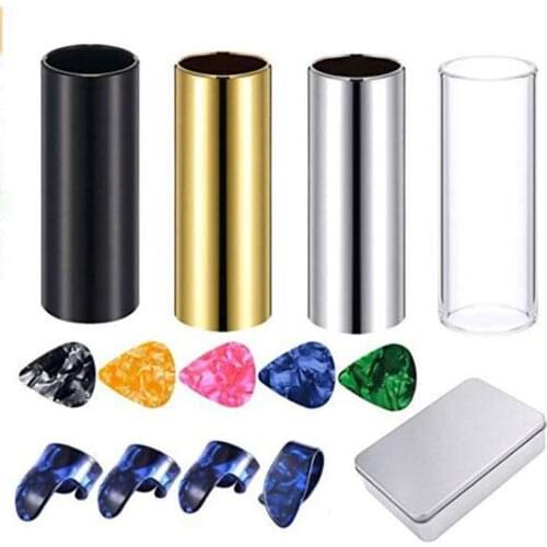 14pcs Kit Stainless Steel Glass Medium Guitar Slides Guitar Picks and Thumb Finger Picks with Metal Box for Bass Ukulele