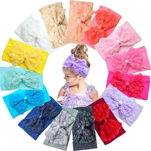 15Pcs 5inch Rose Flower Lace Ribbon Kids Girls Hair Bows Headbands Soft Elastic Large (10CM BOWS)