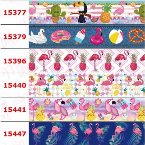 16mm-75mm Cartoon Flamingo Series Cactus Lover Jeans Geometric Printed Grosgrain/Elastic Ribbon Doughnut DIY Bands 50yards/roll