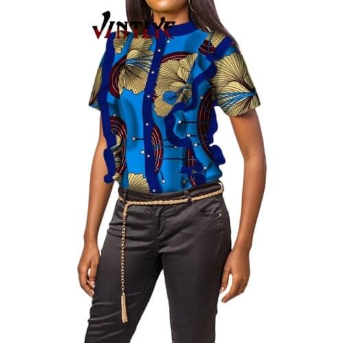 2021 African Womens Clothes Single Breasted Shirts Floral Print Top Ladys Summer Clothing Short Sleeve Dashiki Blouse WY194