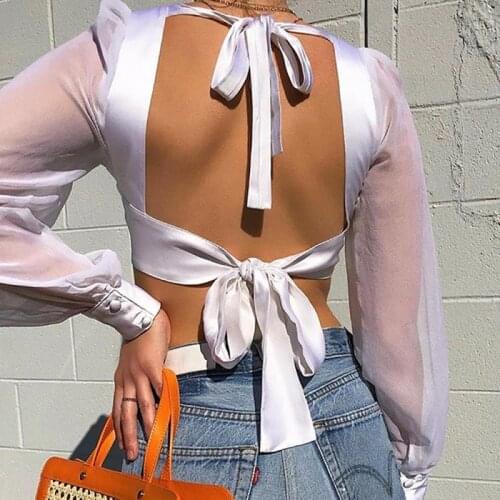 2021 summer womens clothing new design sense sexy solid color stitching mesh see-through sexy navel open back lace T-shirt wome