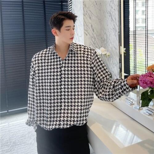 2021 Autumn Korean style personality Houndstooth grid printed shirts men casual loose printed shirts for men,size M-XXL
