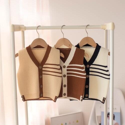 2021 Spring Autumn 1-5 Years Old Children Sleeveless Striped Single Breasted Sweaters Kids Basic Buttons Knitwear Vest Baby Boy