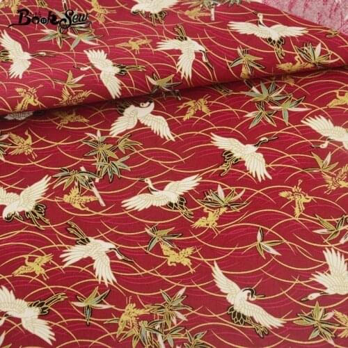 Booksew Linen Fabric Art Work Crafts High Quality Charming Red Cranes Gold Powder Curtains Patchowrk Bedding Home Decoration