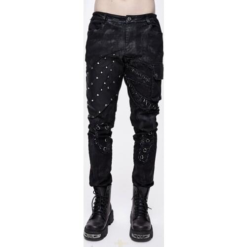 Devil Fashion Punk Trousers Men Black Long Pants Men Rivets Metal Buckets Decoration Casual Pants