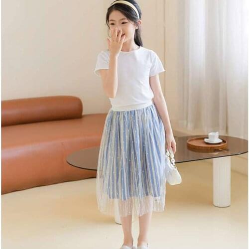 Children Clothes Suit Girls Cotton T-Shirt Tops + Striped Long Skirts 2 Pcs Sets Summer Outfits Girl Boutique Kids Clothing Set