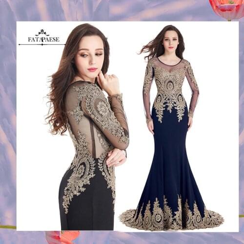 FATAPAESE 2021 Elegent Floor Length Mermaid Evening Dress Long Sleeve Women Party Gown Gold Applique Sequied вечернее платье