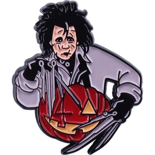 Fantasy Halloween Pin Brooch Edward Scissorhands Carving a Pumpkin Badge Great for Johnny Depp fans collection
