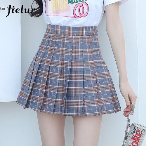 Jielur 2021 College Sweet Girls Plaid All-match Bottom S-XL High Waist Slim A-line Mini Skirt Pink Khaki Red Kpop Fashion Faldas